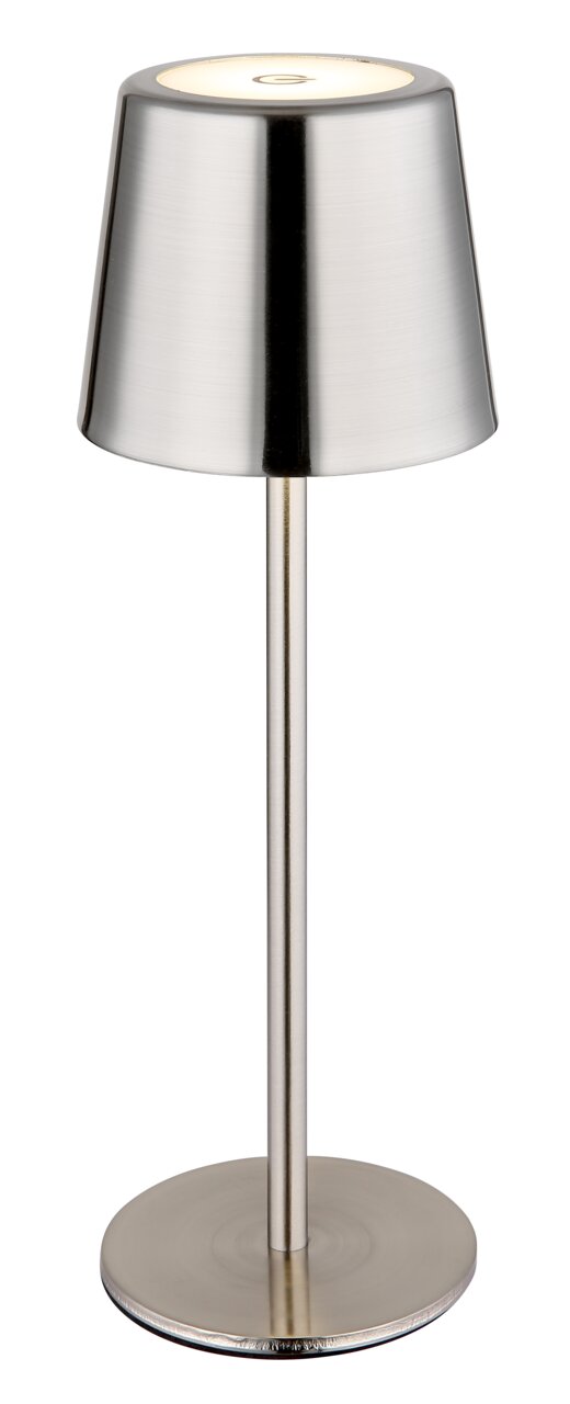 Moderne Tischleuchte aus gebürstetem Metall in Frontalansicht