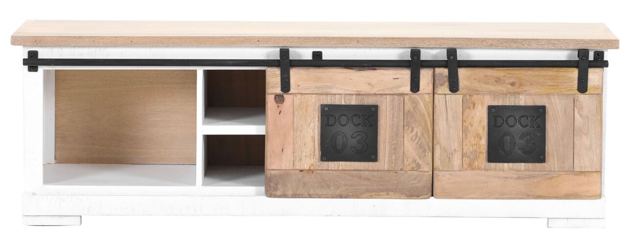 Frontansicht eines Lowboards mit zwei Schiebetüren aus Holz und Metallbeschlägen, beschriftet mit 'DOCK 03'.