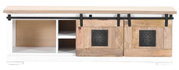 Frontansicht eines Lowboards mit zwei Schiebetüren aus Holz und Metallbeschlägen, beschriftet mit 'DOCK 03'.