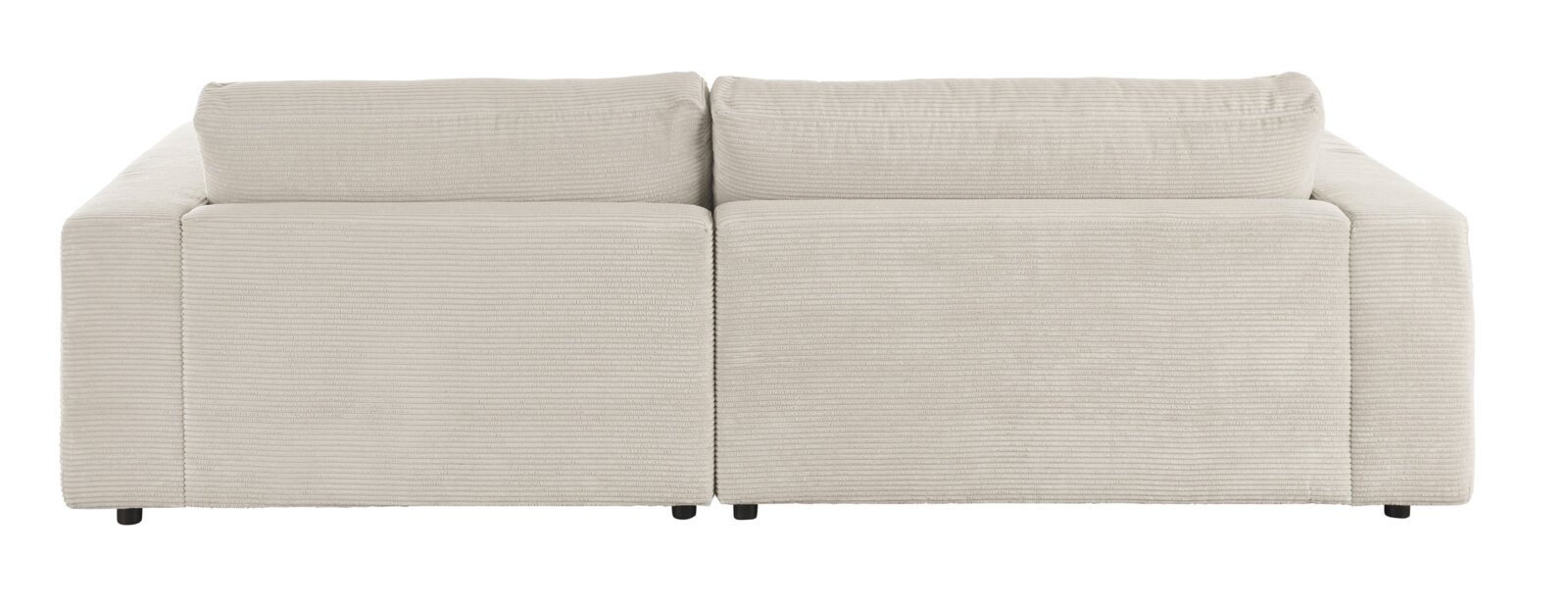 Achterkant van een beige longchair-set met geribbelde stoffen bekleding.