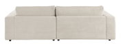 Achterkant van een beige longchair-set met geribbelde stoffen bekleding.