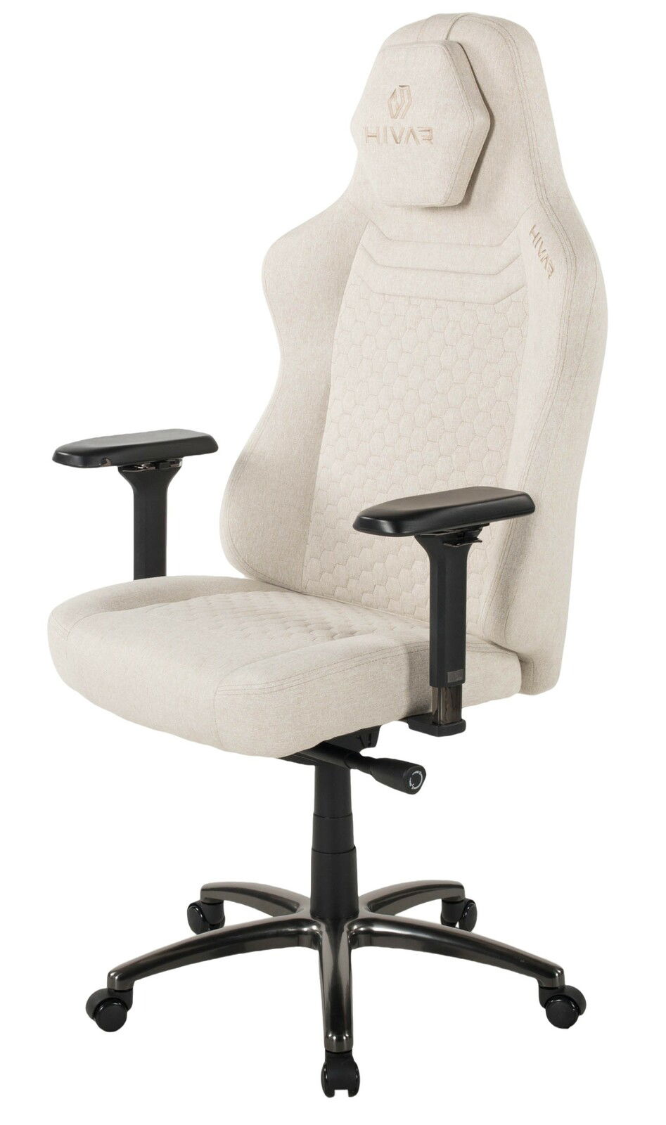 Beiger Gaming-Stuhl mit ergonomischem Design, verstellbaren Armlehnen und stabiler Basis, seitliche Perspektive