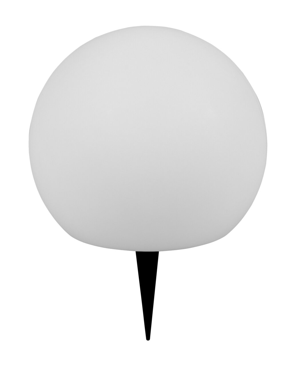 Runde Solar-Außenleuchte MELO mit weißem Kugeldesign und schwarzem Erdspieß, frontal betrachtet.
