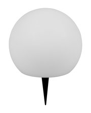 Runde Solar-Außenleuchte MELO mit weißem Kugeldesign und schwarzem Erdspieß, frontal betrachtet.