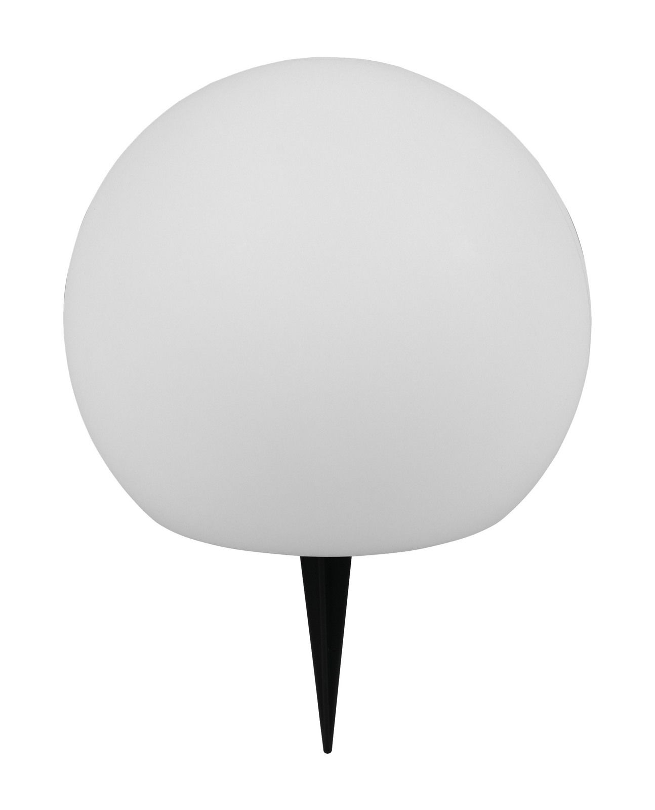 Runde Solar-Außenleuchte MELO mit weißem Kugeldesign und schwarzem Erdspieß, frontal betrachtet.