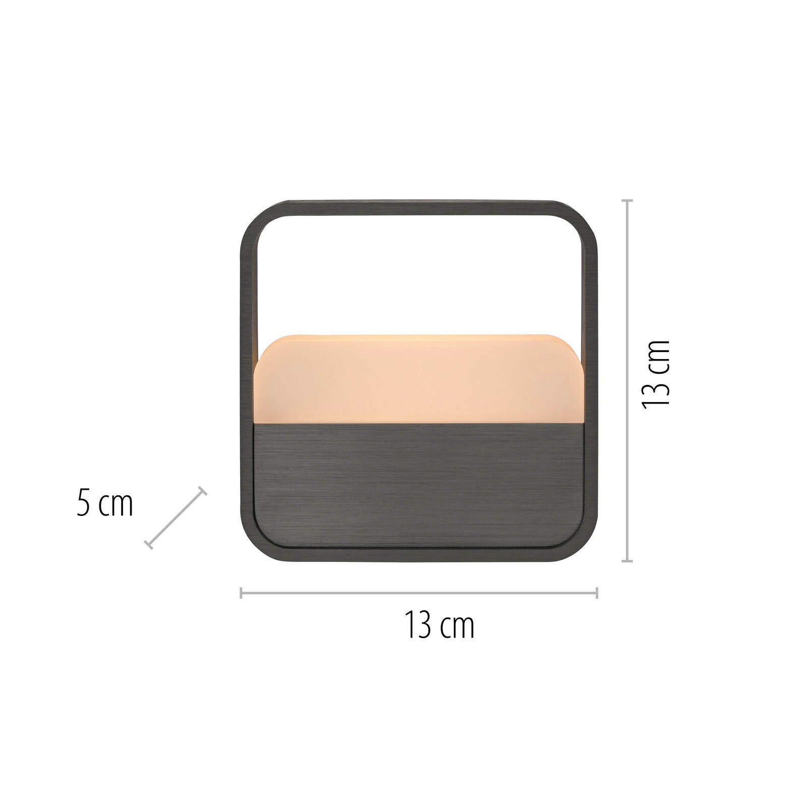Frontale Ansicht der Tischleuchte PURE GoPaul Neuhaus mit quadratischem Design, 13 cm hoch und 13 cm breit, in dunkler Farbe mit einem leuchtenden oberen Bereich.