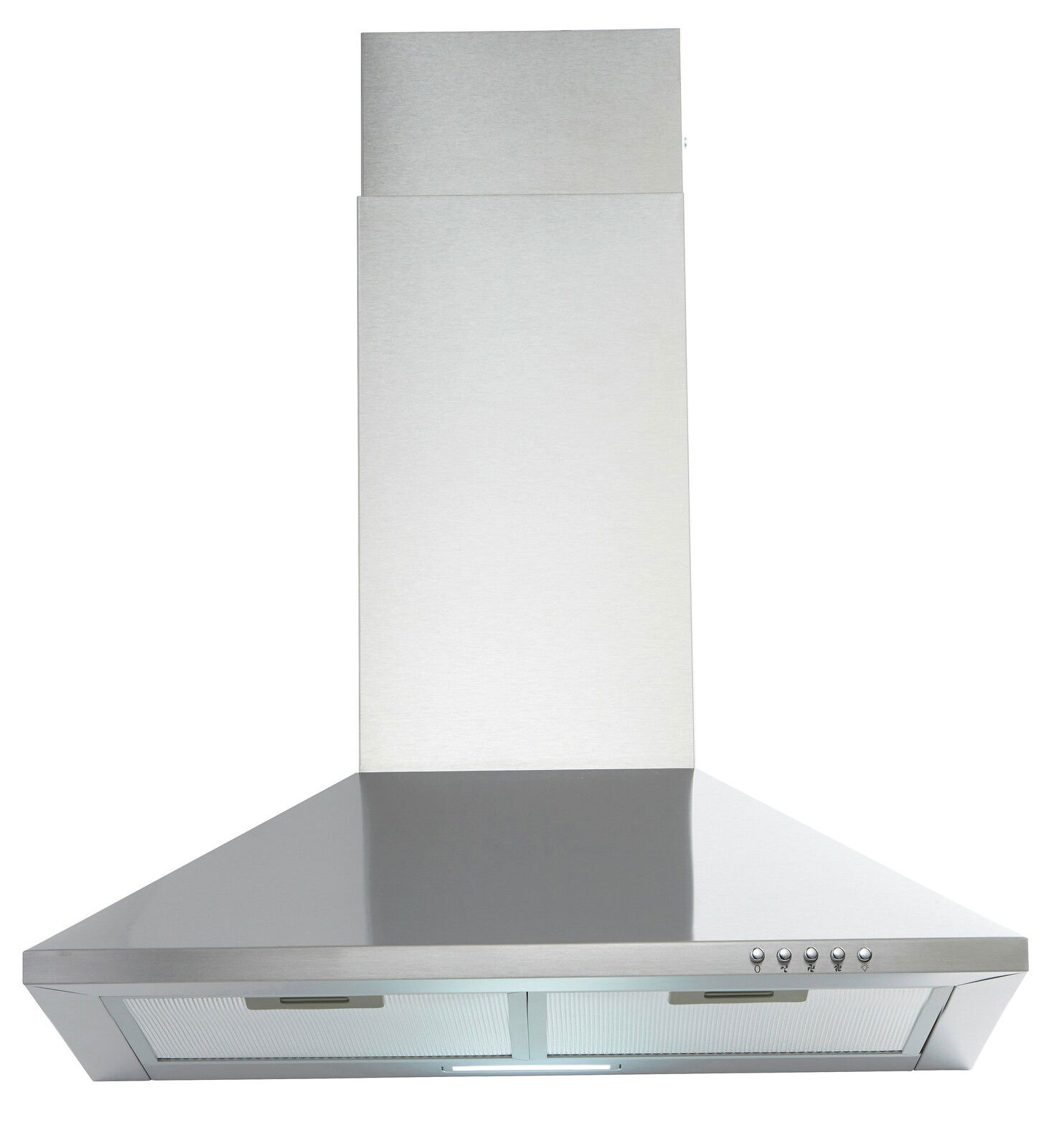 Edelstahl-Dunstabzugshaube in Frontalansicht mit Bedienelementen auf der rechten Seite