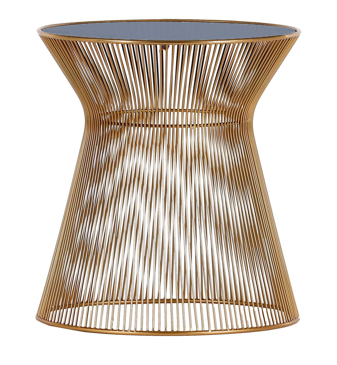 Moderner Beistelltisch aus goldenen Metallstreben mit runder Glasplatte, seitliche Perspektive