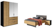 Jugendzimmer-Set mit Kleiderschrank, Bett und Nachttisch in Holzoptik, seitliche Perspektive