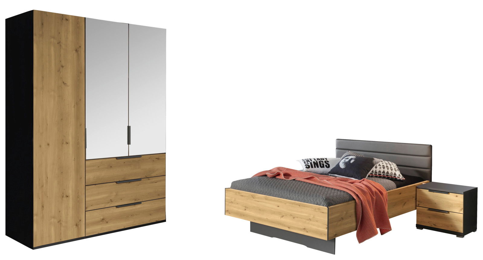 Jugendzimmer-Set mit Kleiderschrank, Bett und Nachttisch in Holzoptik, seitliche Perspektive