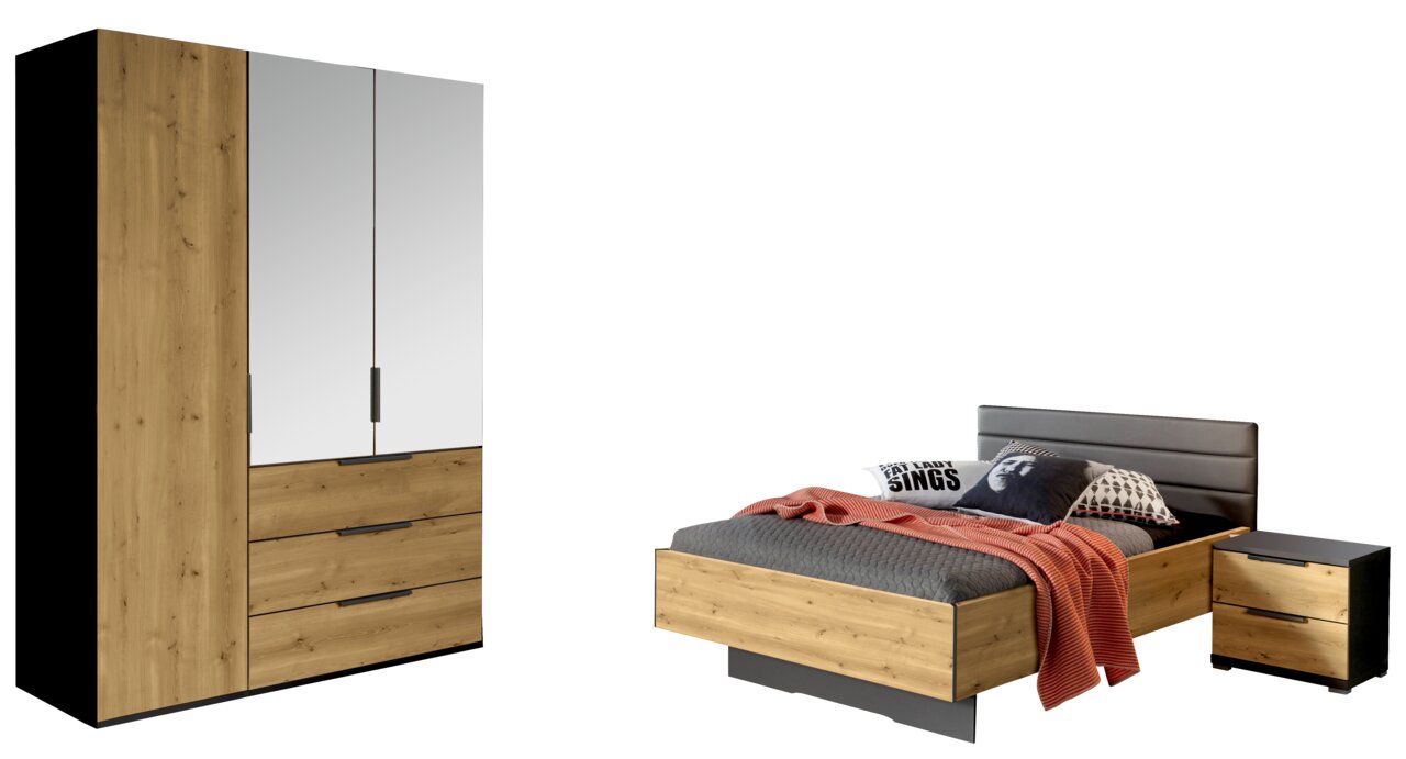 Jugendzimmer-Set mit Kleiderschrank, Bett und Nachttisch in Holzoptik, seitliche Perspektive