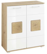 Moderner Schuhschrank mit weißer Front und Holzdetails, seitliche Perspektive