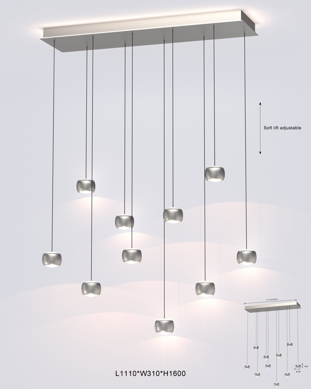 Moderne LED-Pendelleuchte mit mehreren hängenden Leuchtkörpern, seitliche Perspektive