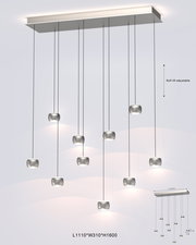Moderne LED-Pendelleuchte mit mehreren hängenden Leuchtkörpern, seitliche Perspektive