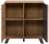 Kommode aus Holz mit zwei offenen Türen, vier Fächern und einer modernen, minimalistischen Gestaltung. Frontalansicht.