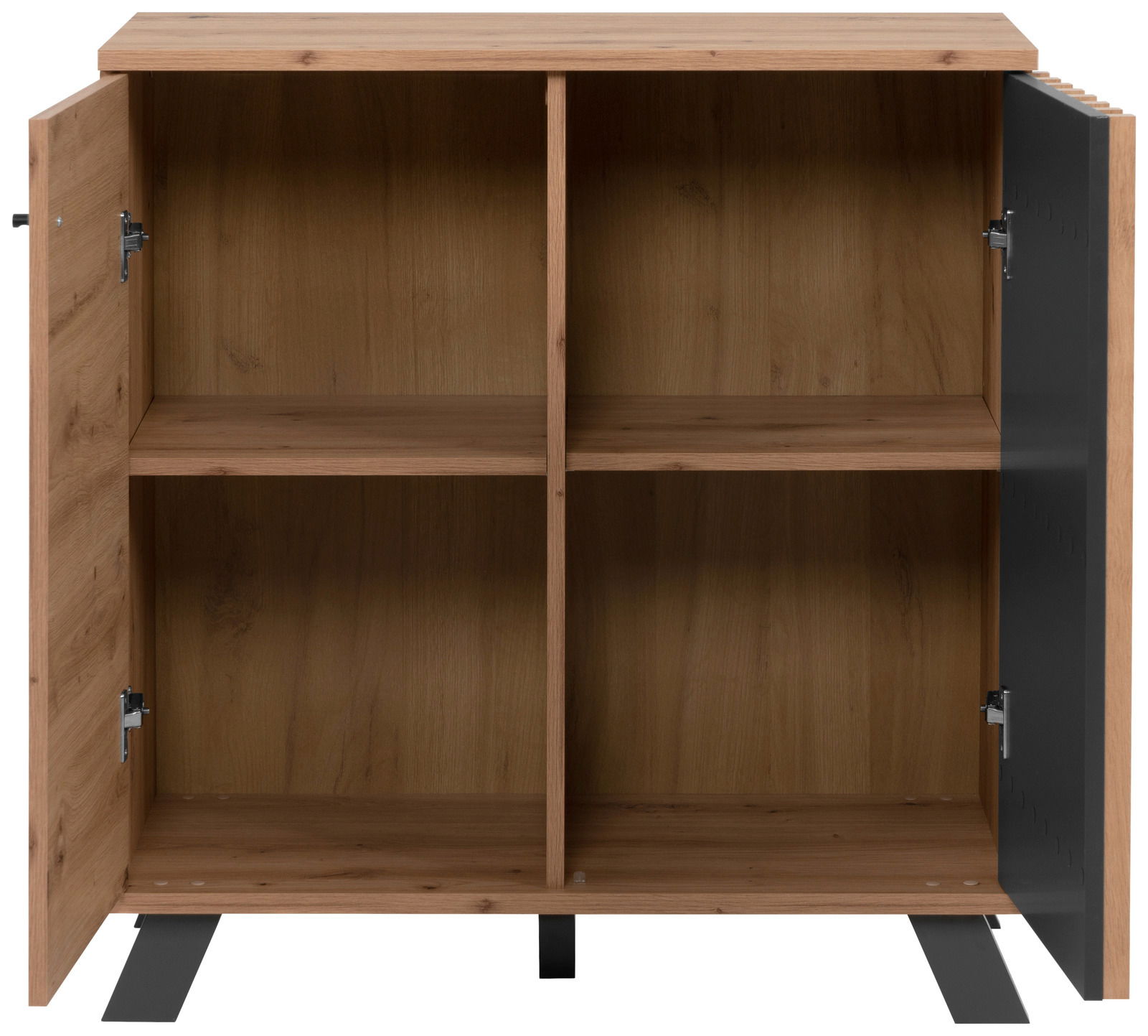 Kommode aus Holz mit zwei offenen Türen, vier Fächern und einer modernen, minimalistischen Gestaltung. Frontalansicht.