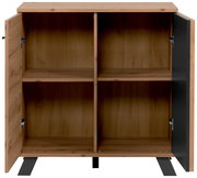 Kommode aus Holz mit zwei offenen Türen, vier Fächern und einer modernen, minimalistischen Gestaltung. Frontalansicht.