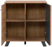 Kommode aus Holz mit zwei offenen Türen, vier Fächern und einer modernen, minimalistischen Gestaltung. Frontalansicht.