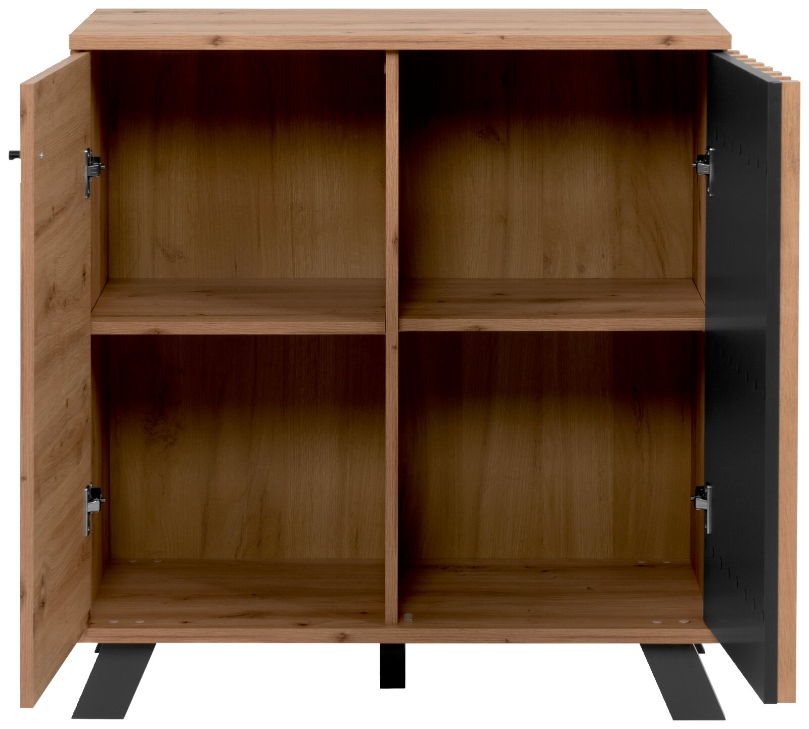 Houten ladekast met twee open deuren, vier vakken en een modern, minimalistisch ontwerp. Vooraanzicht.