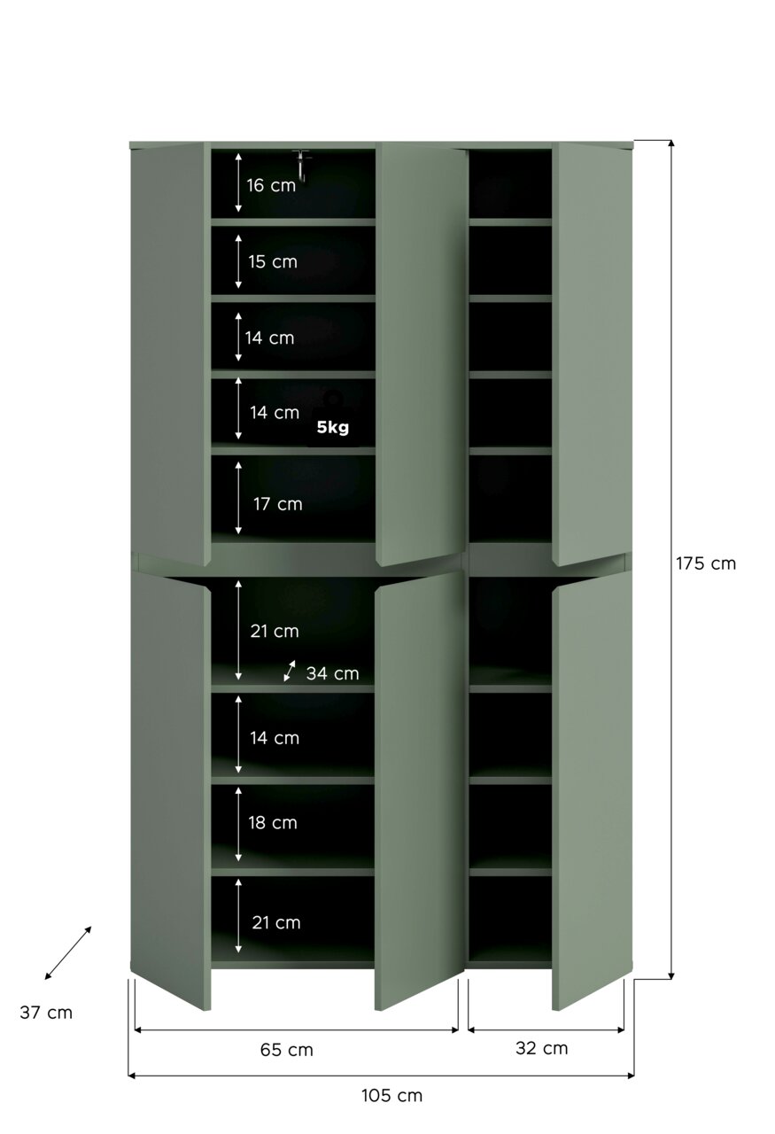 Grüner Eckschrank mit geöffneten Türen und mehreren Regalböden, Maßgrafik mit 175 cm Höhe, 105 cm Breite und 37 cm Tiefe sowie Fachhöhenangaben; Ansicht von vorne.