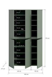 Grüner Eckschrank mit geöffneten Türen und mehreren Regalböden, Maßgrafik mit 175 cm Höhe, 105 cm Breite und 37 cm Tiefe sowie Fachhöhenangaben; Ansicht von vorne.