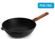 Gietijzeren wok van 28 cm met houten handvat, zijaanzicht, PFAS-vrij