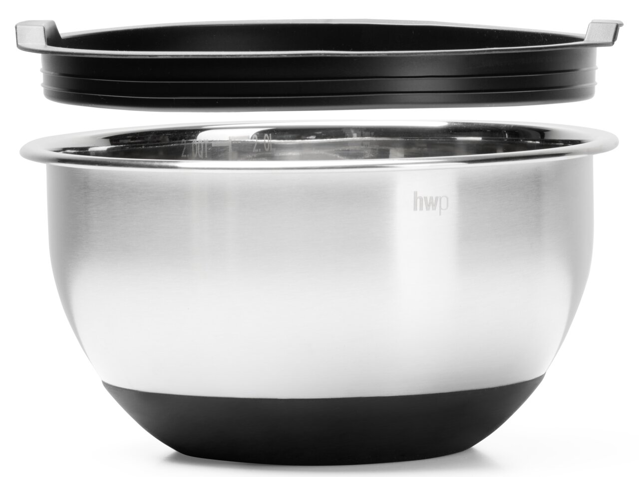 Rührschüssel aus Edelstahl mit schwarzem Deckel, seitliche Perspektive