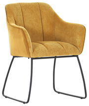 Gelber Armlehnstuhl mit schwarzem Metallgestell, seitliche Perspektive