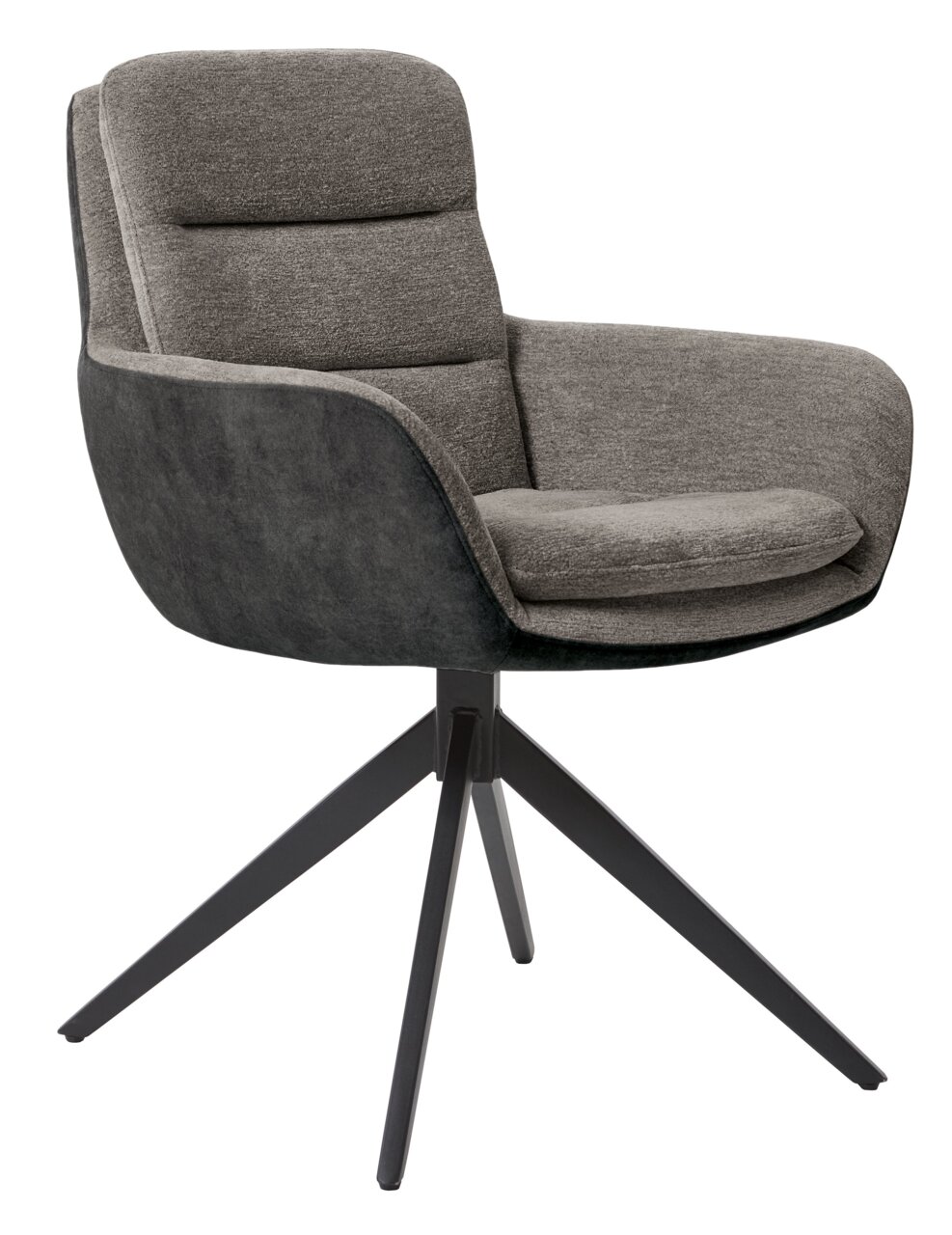 Moderner grauer Stuhl mit gepolsterter Sitzfläche und Rückenlehne, seitliche Perspektive