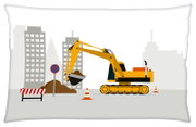 Illustration eines gelben Baggers auf einer Baustelle mit Hochhäusern im Hintergrund, von der Seite betrachtet.