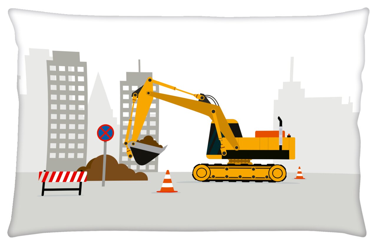 Illustration eines gelben Baggers auf einer Baustelle mit Hochhäusern im Hintergrund, von der Seite betrachtet.