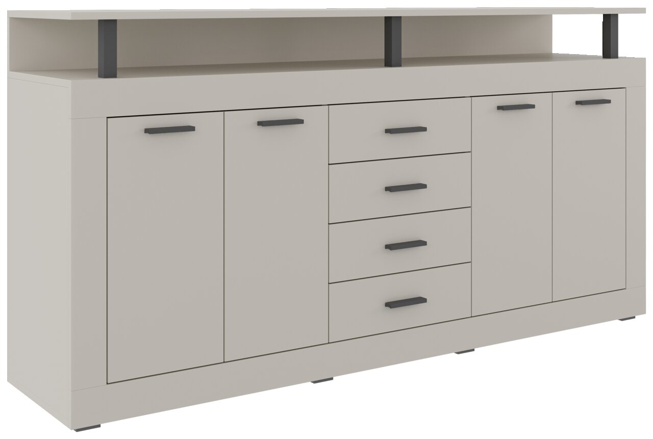 XL-Sideboard in heller Farbe mit mehreren Schubladen und Türen, seitliche Perspektive