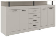 XL-Sideboard in heller Farbe mit mehreren Schubladen und Türen, seitliche Perspektive