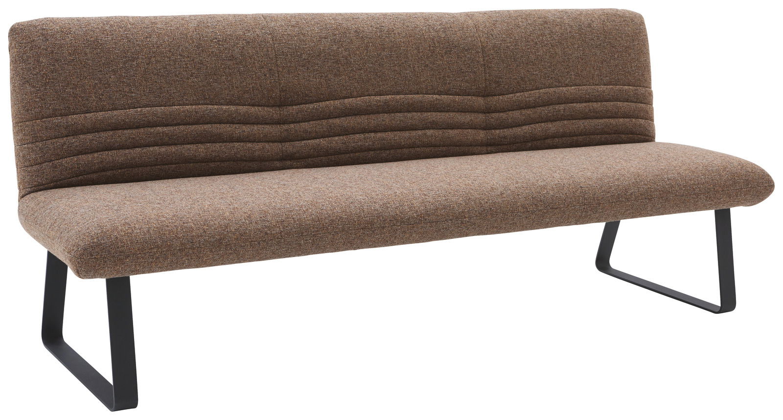 Braune Sitzbank mit Stoffbezug und schwarzem Metallgestell, seitliche Perspektive