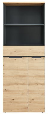 Frontansicht eines modernen Regalschranks mit Holzoptik und dunklen Akzenten, Modell Voleo Regalschrank DETROIT