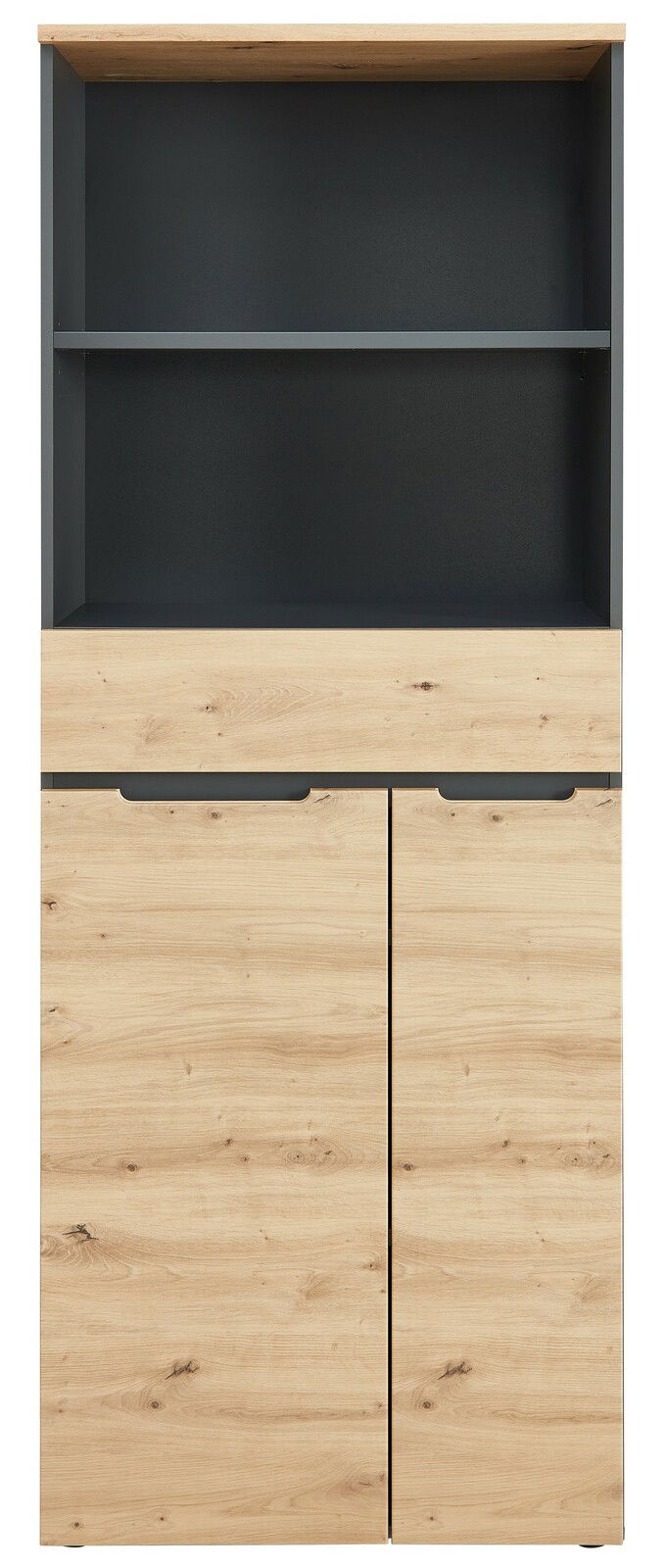 Frontansicht eines modernen Regalschranks mit Holzoptik und dunklen Akzenten, Modell Voleo Regalschrank DETROIT