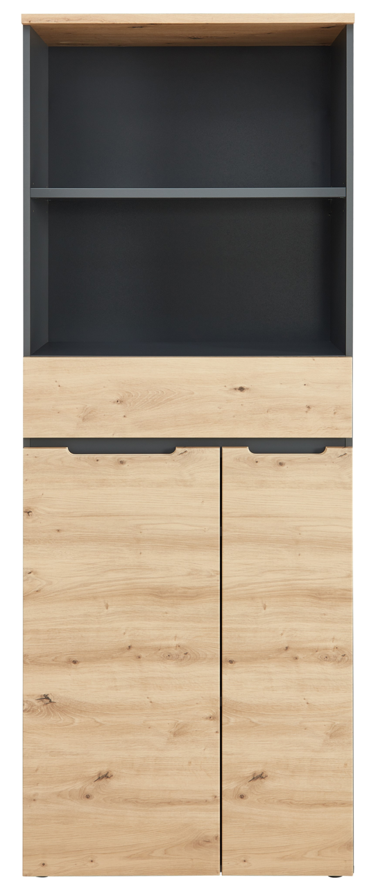 Frontansicht eines modernen Regalschranks mit Holzoptik und dunklen Akzenten, Modell Voleo Regalschrank DETROIT