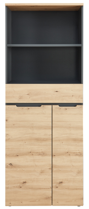 Frontansicht eines modernen Regalschranks mit Holzoptik und dunklen Akzenten, Modell Voleo Regalschrank DETROIT