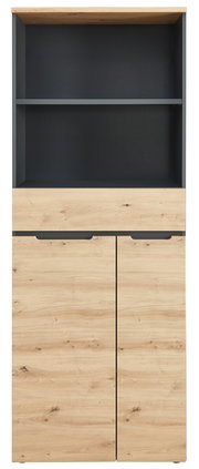 Frontansicht eines modernen Regalschranks mit Holzoptik und dunklen Akzenten, Modell Voleo Regalschrank DETROIT