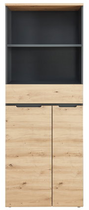 Frontansicht eines modernen Regalschranks mit Holzoptik und dunklen Akzenten, Modell Voleo Regalschrank DETROIT