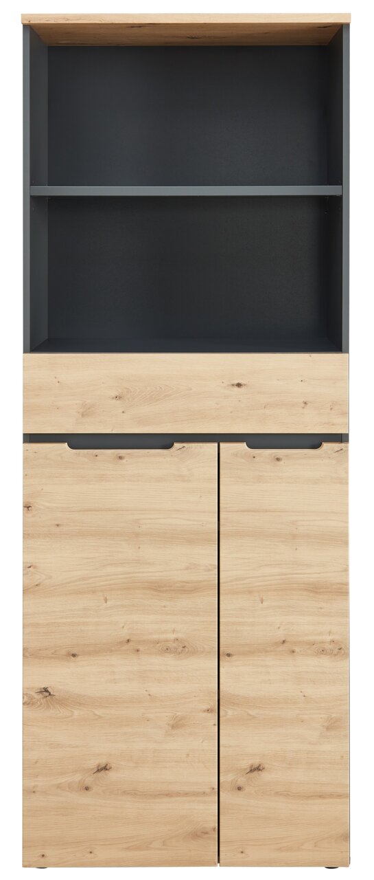 Frontansicht eines modernen Regalschranks mit Holzoptik und dunklen Akzenten, Modell Voleo Regalschrank DETROIT