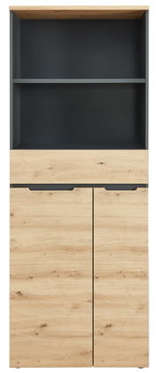 Frontansicht eines modernen Regalschranks mit Holzoptik und dunklen Akzenten, Modell Voleo Regalschrank DETROIT