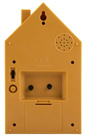 Rückansicht eines gelben, hausförmigen Weckers mit Bedienelementen und Lautsprecher.