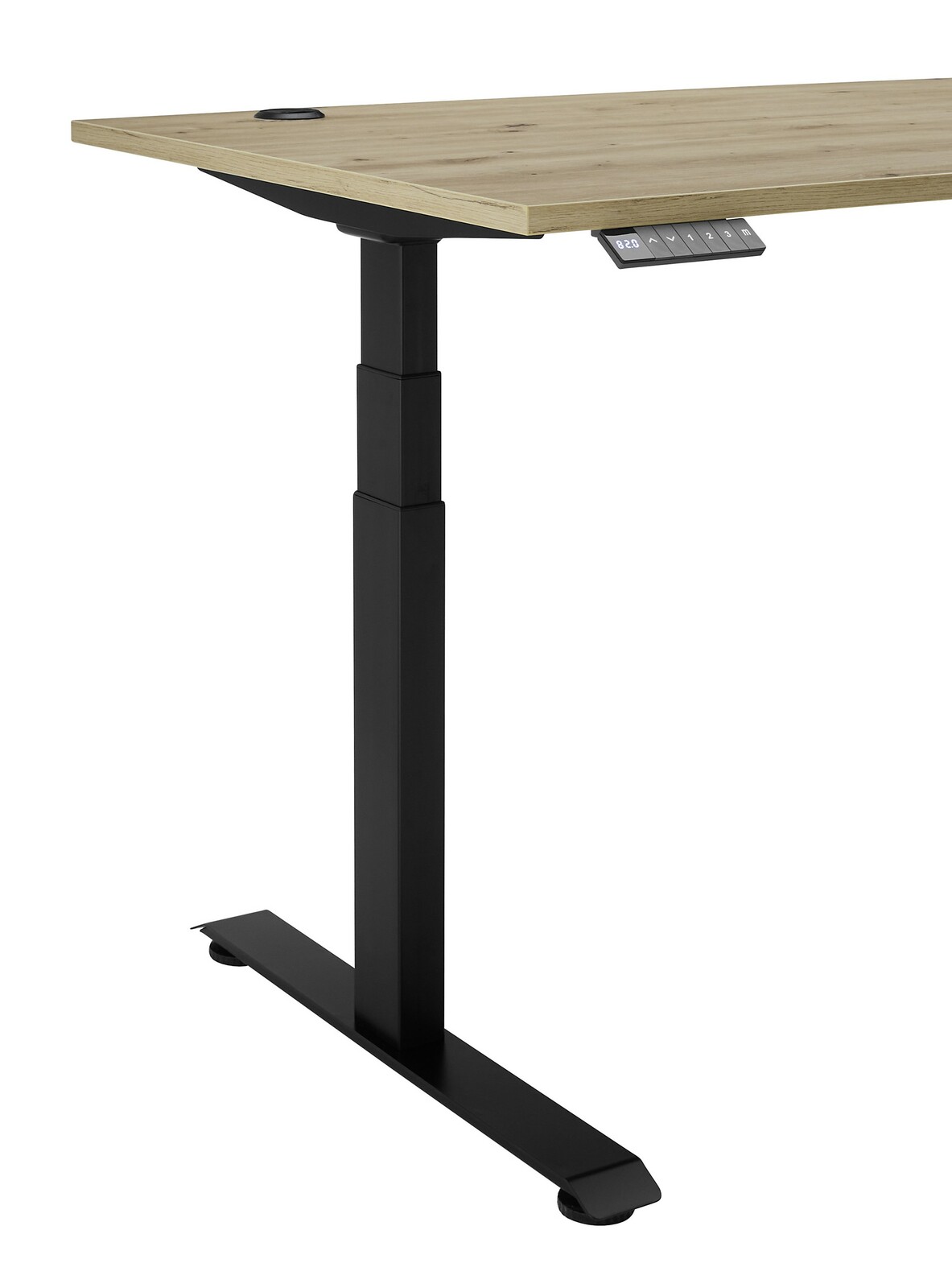Höhenverstellbarer Eckschreibtisch mit schwarzem Metallgestell und Holzplatte, seitliche Perspektive