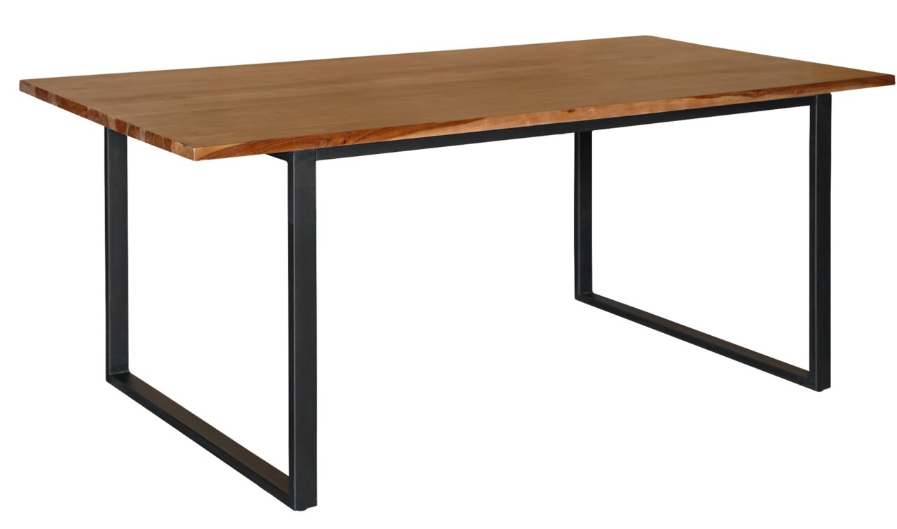 Moderner Esstisch mit Holzplatte und schwarzem Metallgestell, seitliche Perspektive