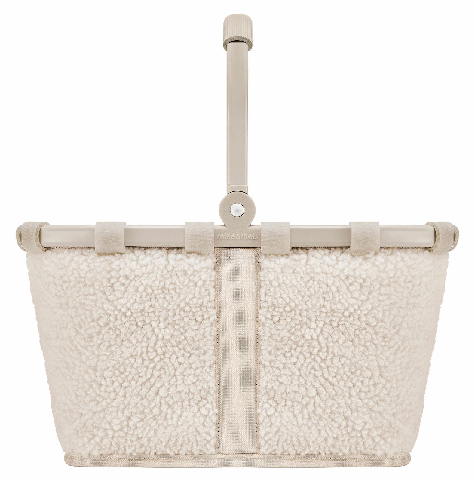 Kleiner, cremefarbener Korb mit weichem, flauschigem Stoff und stabilem Griff, frontal abgebildet.