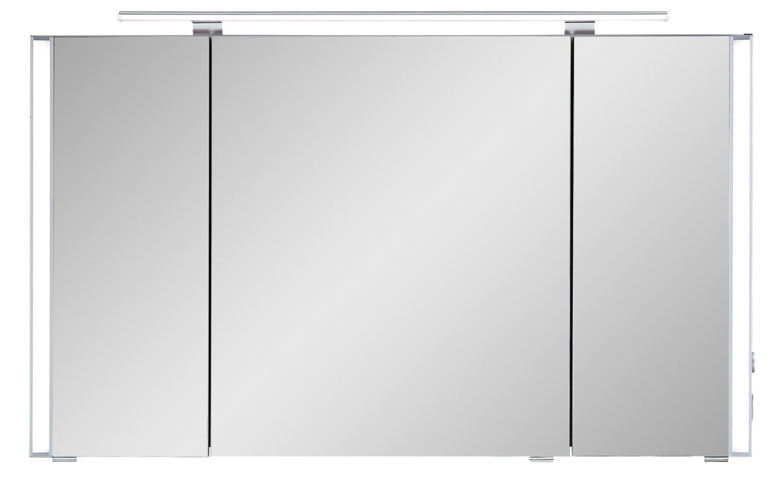 Moderner Spiegelschrank mit drei Spiegeltüren und integrierter LED-Aufsatzleuchte, frontale Ansicht.