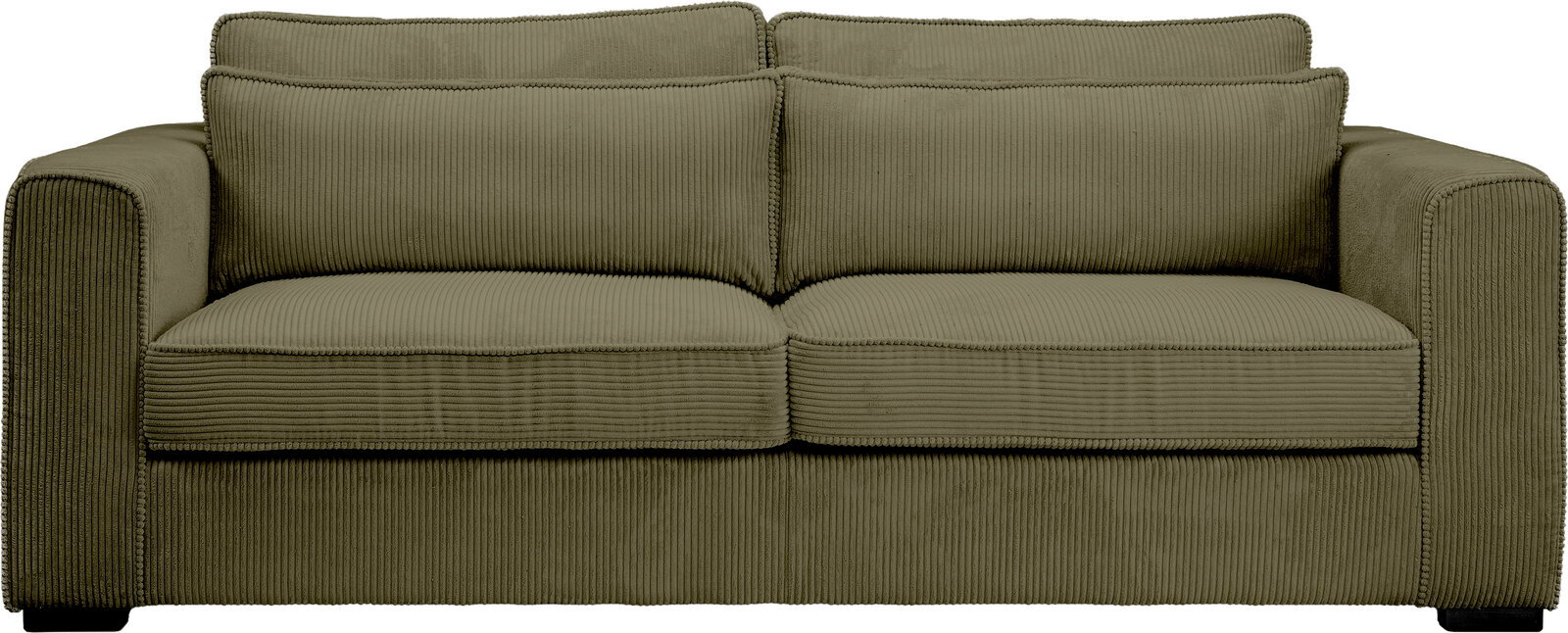 Olivgrünes 2-Sitzer-Sofa mit Cordbezug, breiten Armlehnen und zwei Sitz- sowie Rückenkissen, frontal von vorne freigestellt auf weißem Hintergrund