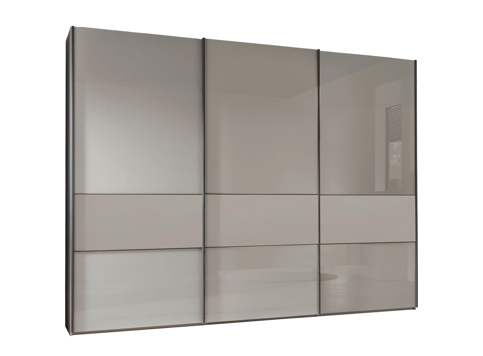 Moderner dreitüriger Schwebetürenschrank in grauem Design, Frontalansicht