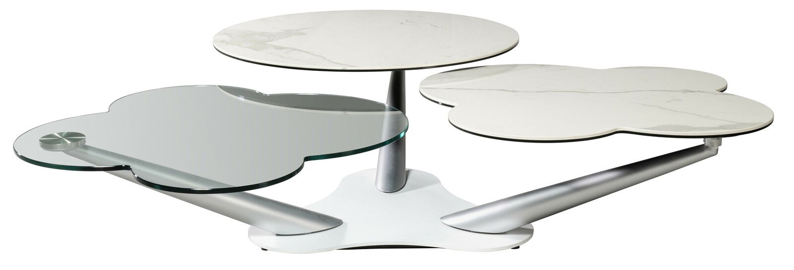 Zurbrüggen Couchtisch MY FLOWER Moderner Couchtisch mit drei drehbaren Tischplatten in Marmor- und Glasoptik, seitliche Perspektive.